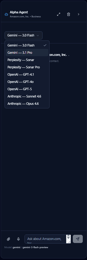 Alpha Agent sidebar on InvestingInsights.AI